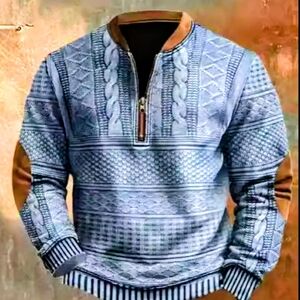 Stylish Blue and Brown Men's Zip-Up Sweater